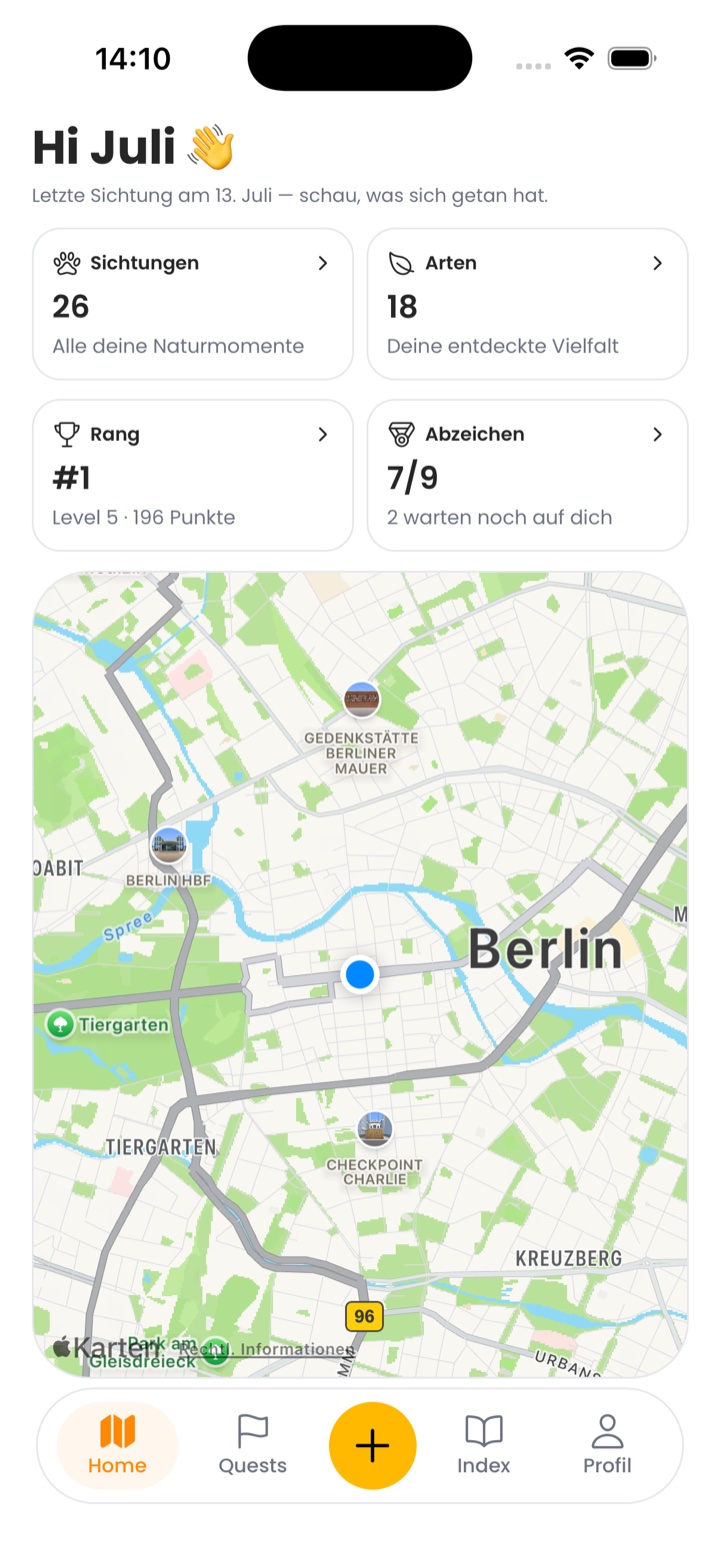 Wildwatch: home screen with sightings, species and map